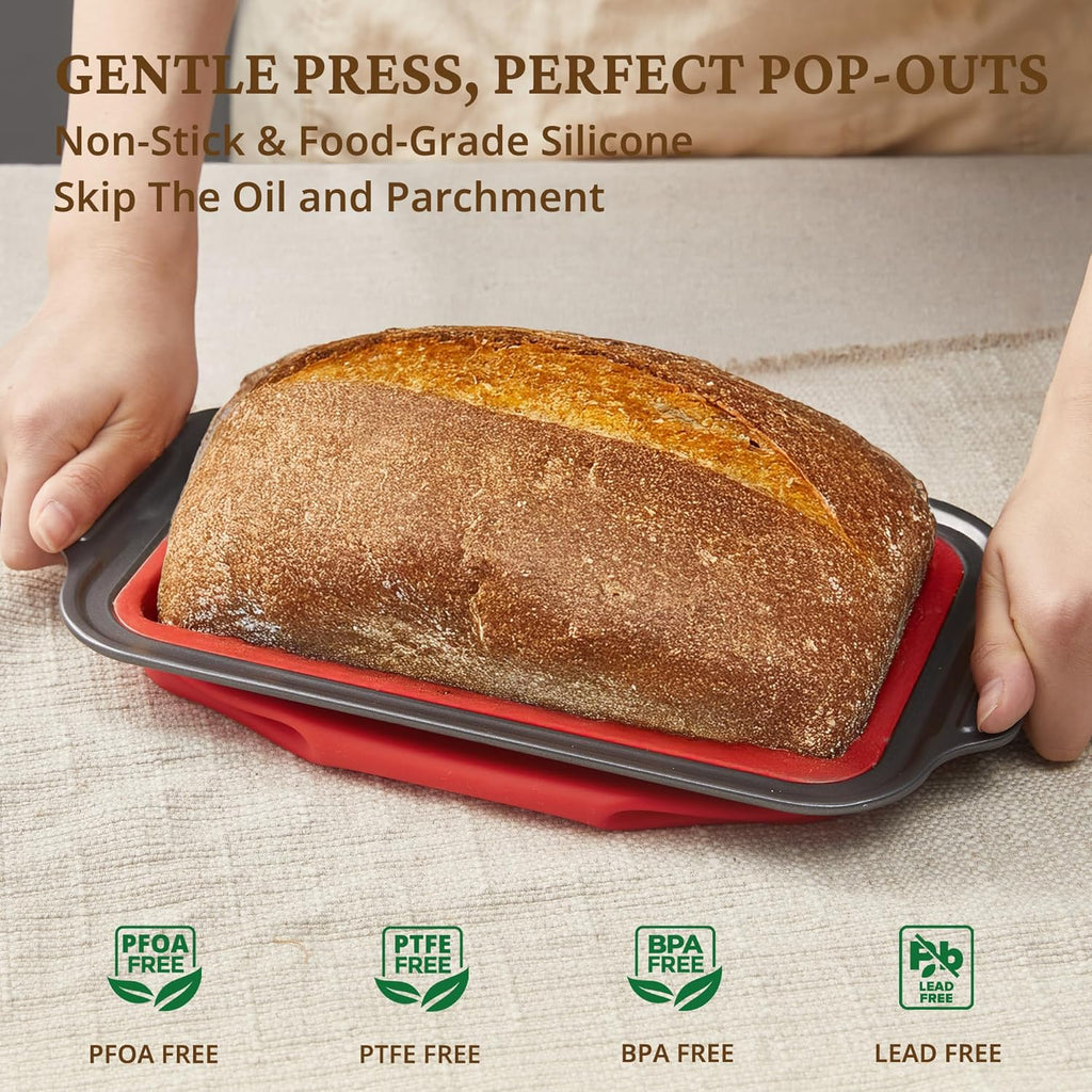 BRONYPRO 9x5 Inch Non-Stick Bread Loaf Pan,Non-Toxic Silicone Baking Mold For Homemade Bread,Heavy-Duty Steel Frame,Dishwasher Safe-Red