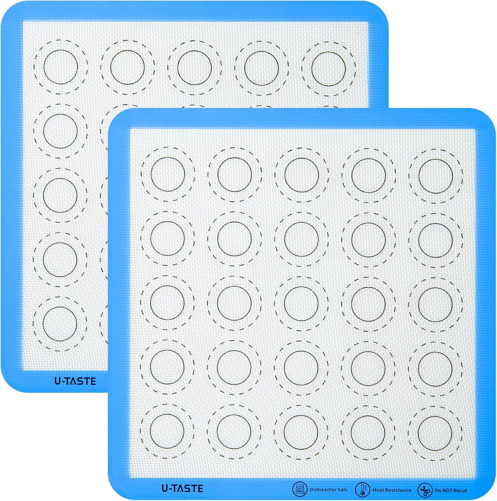 446ºF Heat Resistant Macaron Mat: U-Taste 11x11in Non Stick Silicone Baking Mat, Reusable Cookies Pastry Sheet Liner with Edge Enhancement & Circle Measurement for Square Cake Pan (2 PCS, Light Blue)