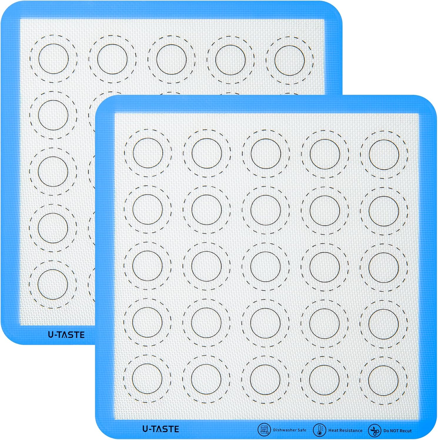 446ºF Heat Resistant Macaron Mat: U-Taste 11x11in Non Stick Silicone Baking Mat, Reusable Cookies Pastry Sheet Liner with Edge Enhancement & Circle Measurement for Square Cake Pan (2 PCS, Light Blue)