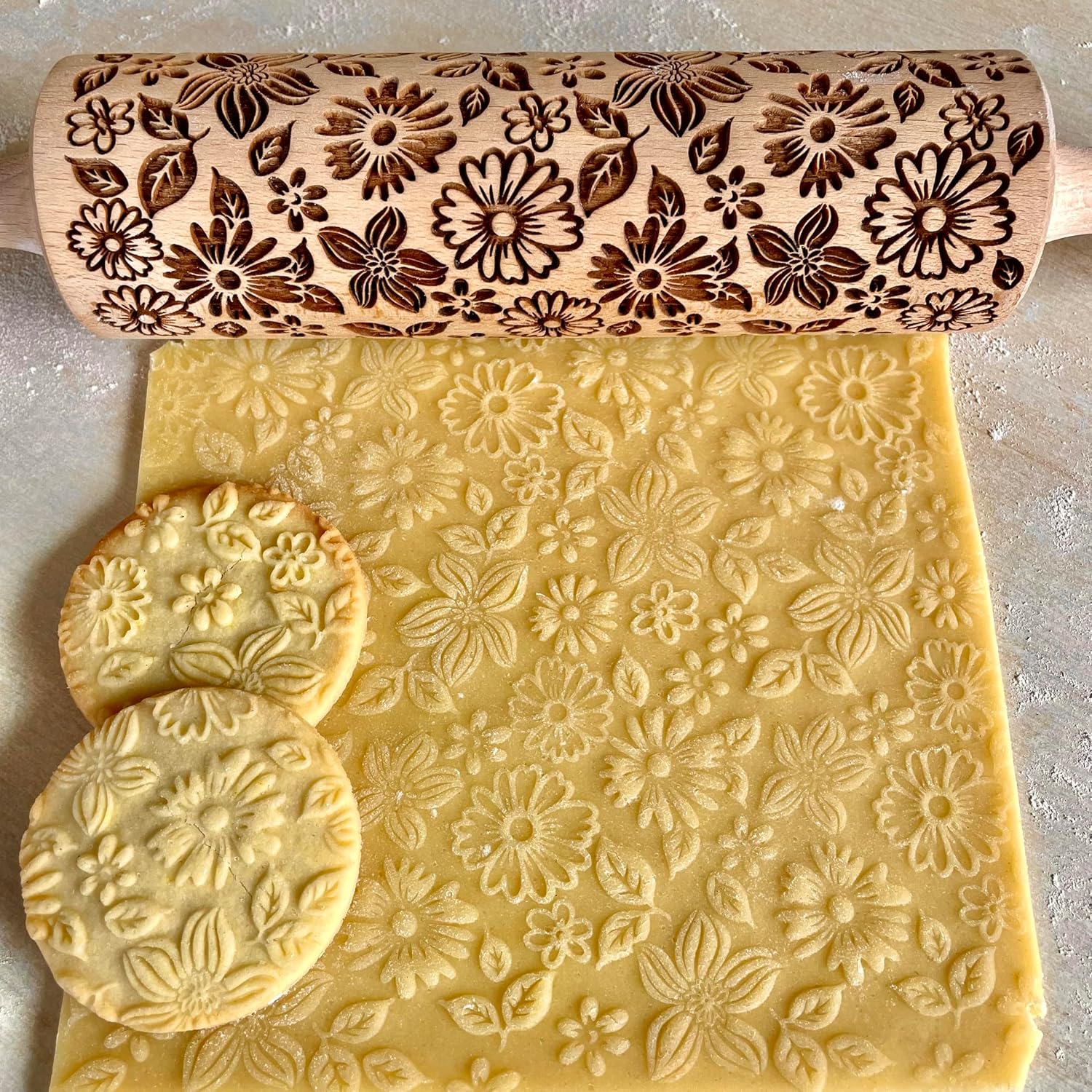 FLOWER MIX Embossing Rolling Pin with Flowers Pattern. Dough and Clay Roller for Embossed Cookies and Pottery. Cookie and Ceramic Stamp. Backing Gifts for Women by Algis Crafts