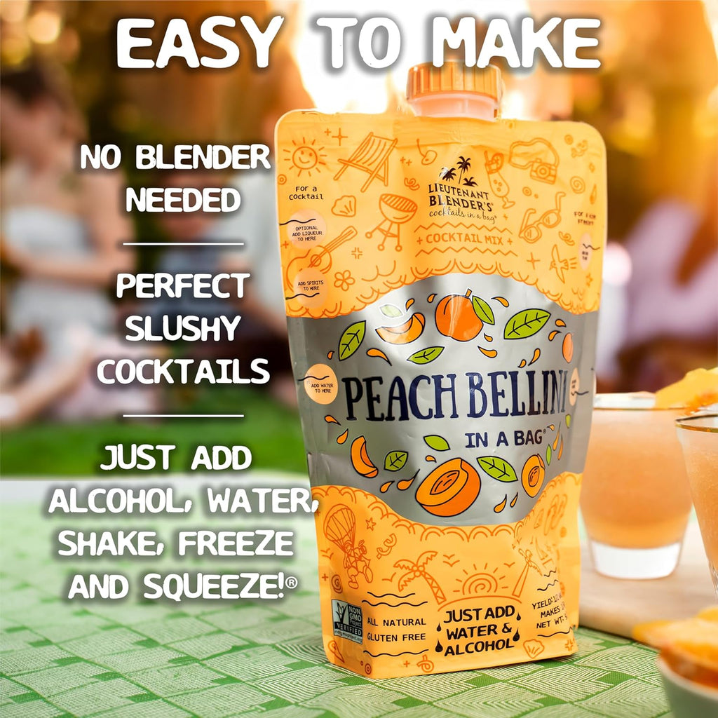 Lt. Blender's Peach Bellini in a Bag - Wine Slushie Mixes - Each Bag Makes 1/2 Gallon of Frozen Peach Bellini Mix – Non-GMO Wine Freezer mix - Make with Wine, Liquor or as a Mocktail - (Pack of 4)