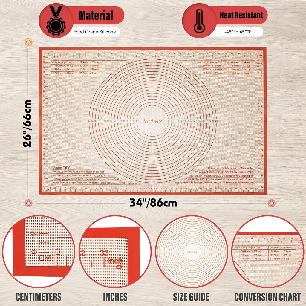 Silicone Pastry Mat 34x26 Inch Nonstick Baking Mats, Kitchen Counter Mat Perfect for Dough, Pastry, Dough Rolling, Kneading Board, Pie Crust, Fondant, Pasta, Pizza Mat
