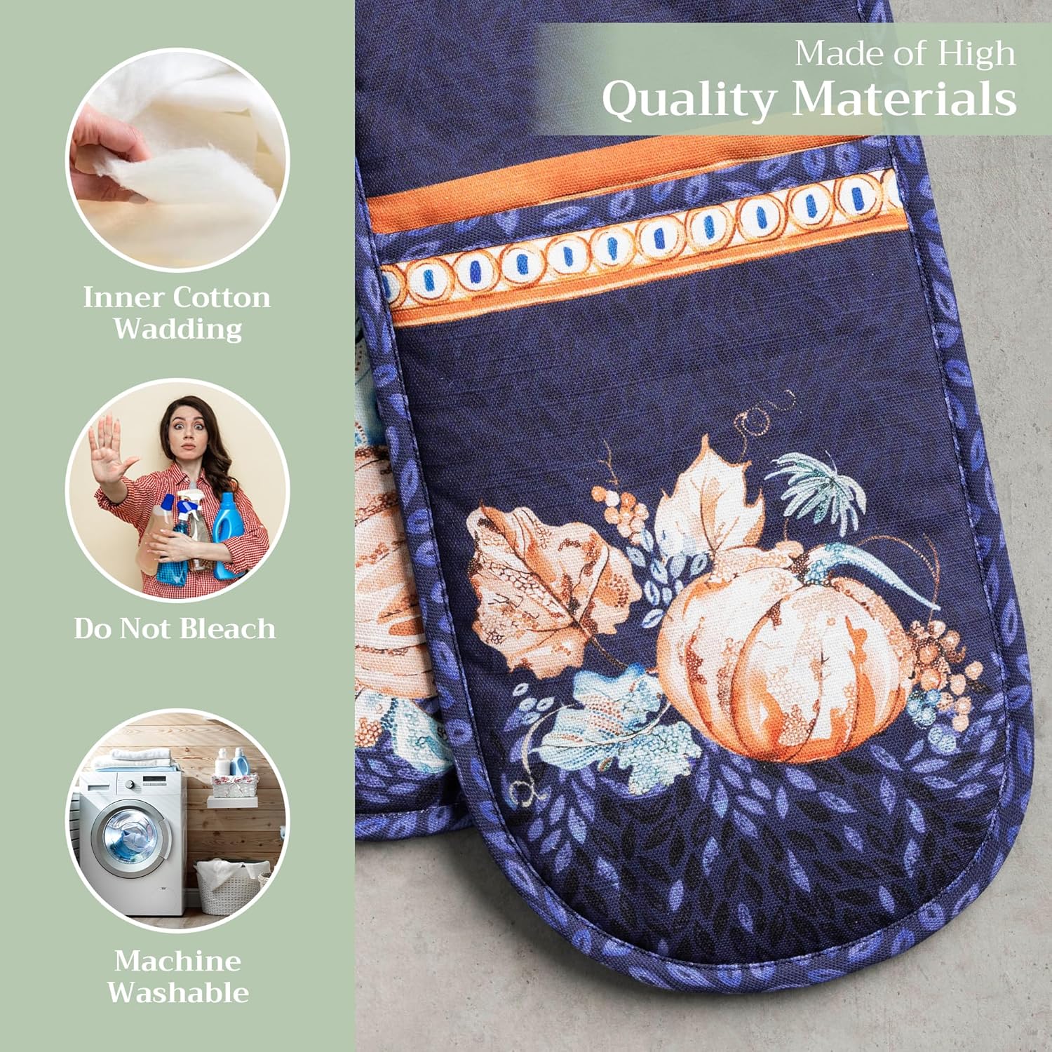 Maison d' Hermine Double Oven Mitts 100% Cotton 7"x35" Double Oven Mitt Heat Resistant BBQ Cooking Gloves with Loop, Baking, Grilling, Home, Kitchen, Handling Hot Pans (Pumpkin Blues)
