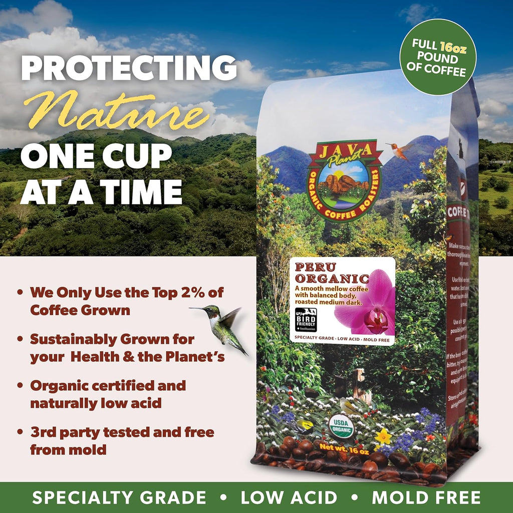 Low Acid Organic Coffee – Whole Bean, Mold-Free & Stomach Friendly by Java Planet, Peruvian Single Origin Coffee, Medium Dark Roast, Smooth Full Flavored, 5LB Bag