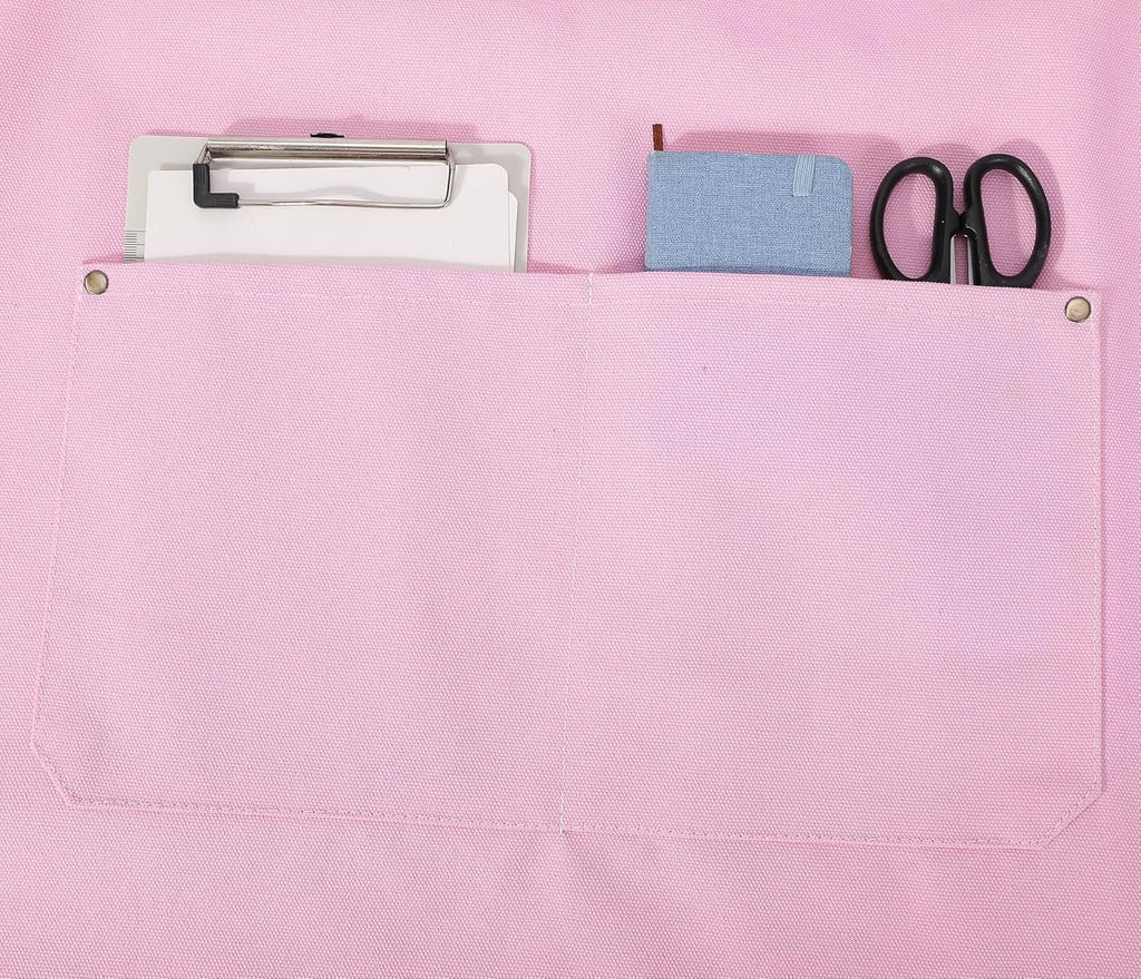 AFUN Chef Aprons for Men Women with Large Pockets, Cotton Canvas Cross Back Heavy Duty Adjustable Work Apron, Size M to XXL (Lightpink)