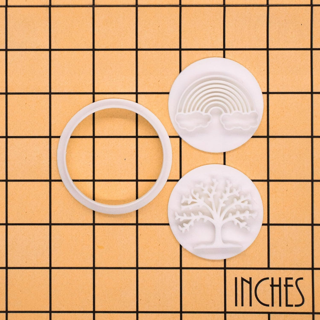 BAKERLOGY New Beginnings - Mini 2" Cookie Cutter & Stamp Set - Rainbow & Lush Tree Design for Easter & Spring Cookies, Cupcakes & Fondant Decorations
