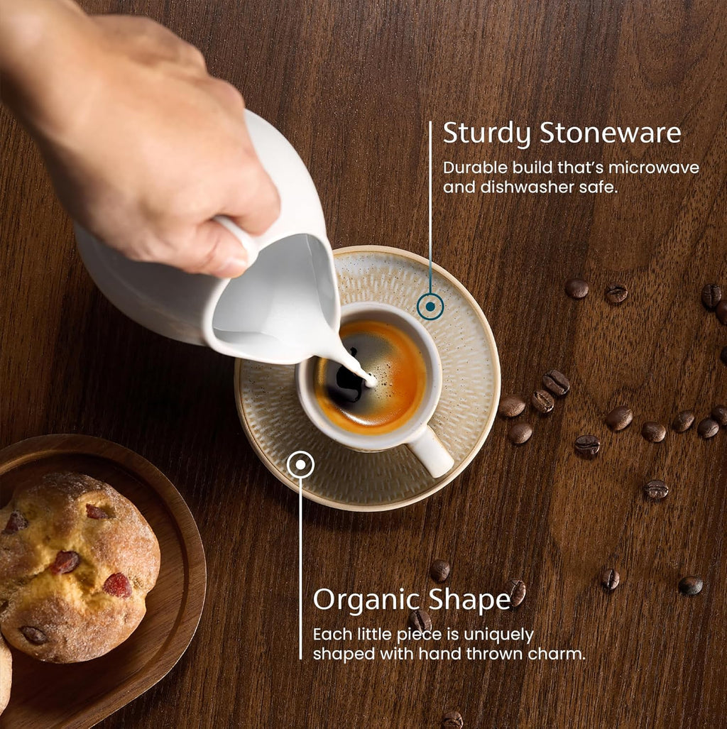 KooK Espresso Mug and Saucer Set, Ceramic Cups and Plates with Rustic Organic Shape and Feathered Texture, Dishwasher and Microwave Safe, 2.7 oz, Set of 4, Neutral Multicolor