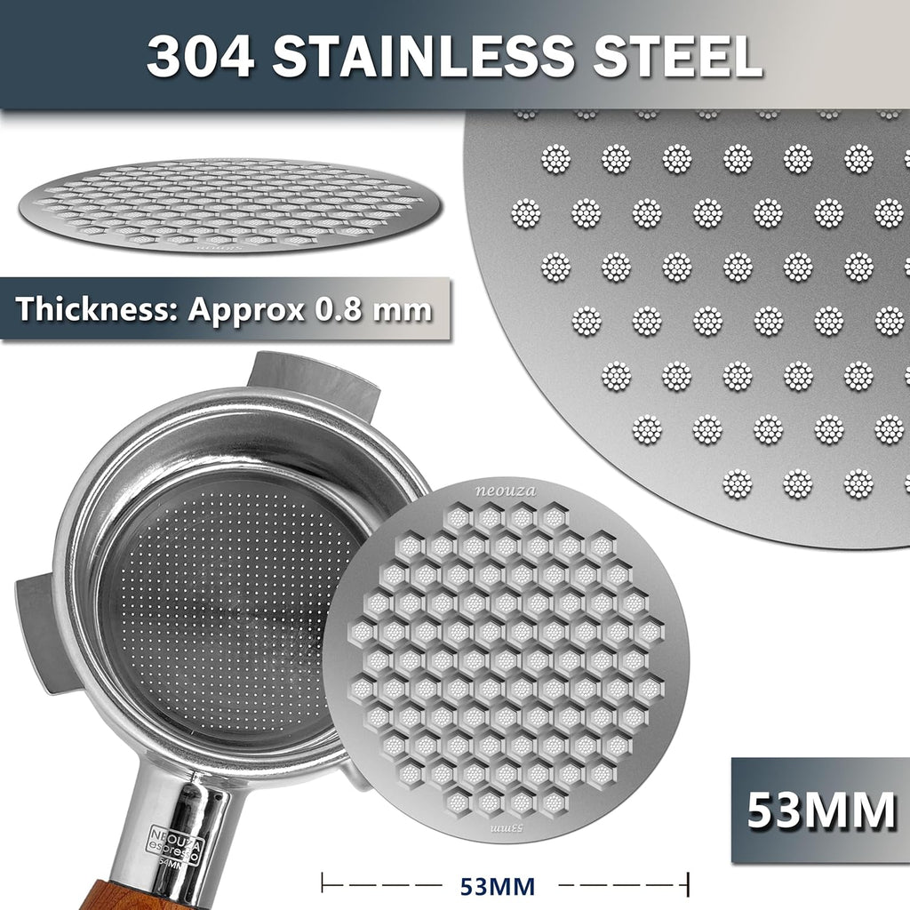 NEOUZA V4 Espresso Puck Screen 0.8mm Thickness Honeycomb Mesh Double Layer Black Protective Coating for Coffee Portafilter Basket (2, Black and Silver, 53mm)