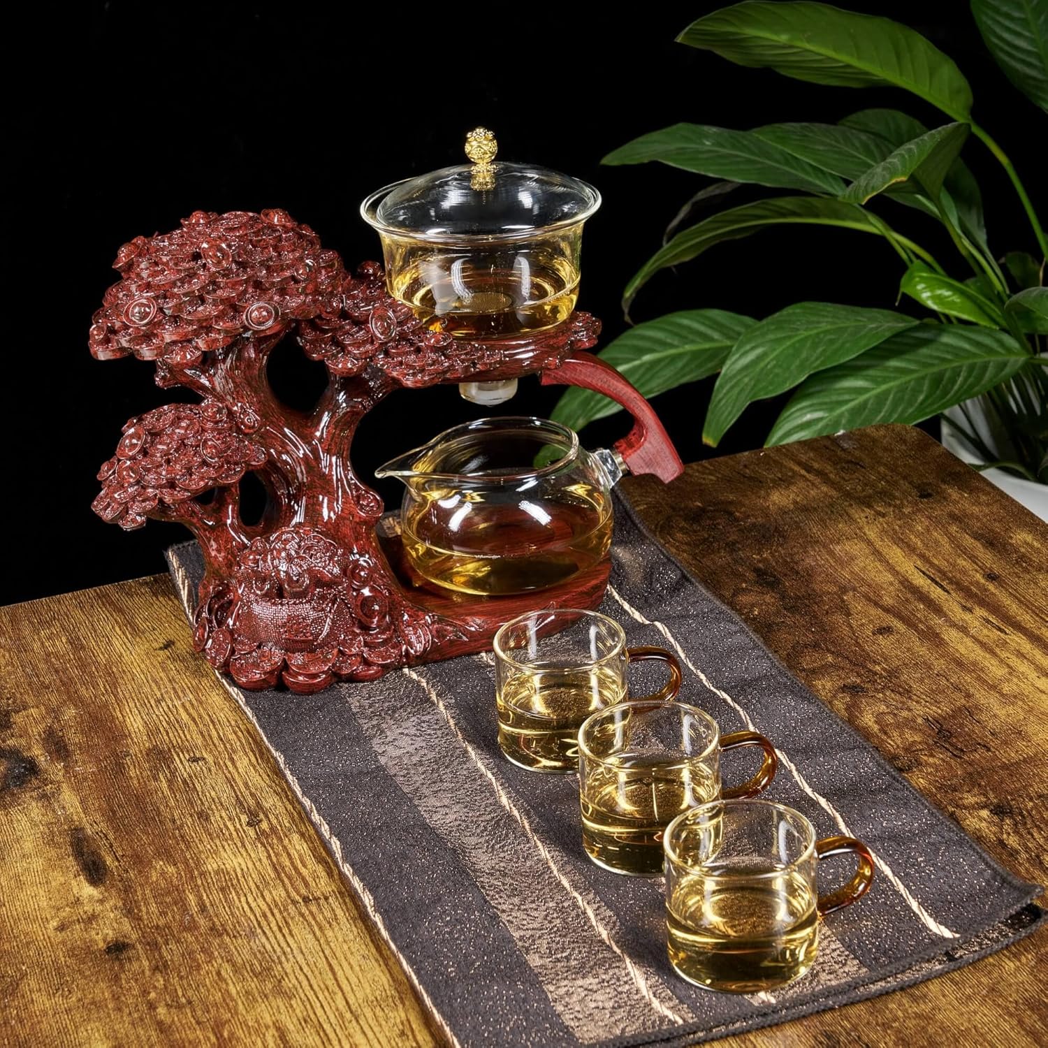 Glass Teapot Set with Infuser Semi Automatic Tea Set Magic Teapot (Tree - red)