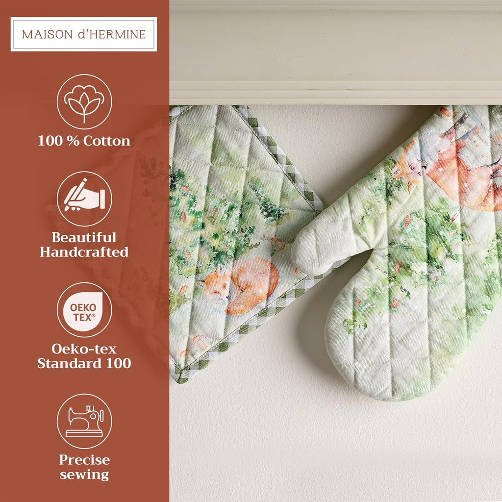 Maison d' Hermine 100% Cotton Oven Mitt & Pot Holder Set (7.5"x13" & 8"x8") Heat Resistant BBQ Cooking Gloves with Loop, Baking, Grilling, Kitchen, Handling Hot Pans (Winter Mornings)
