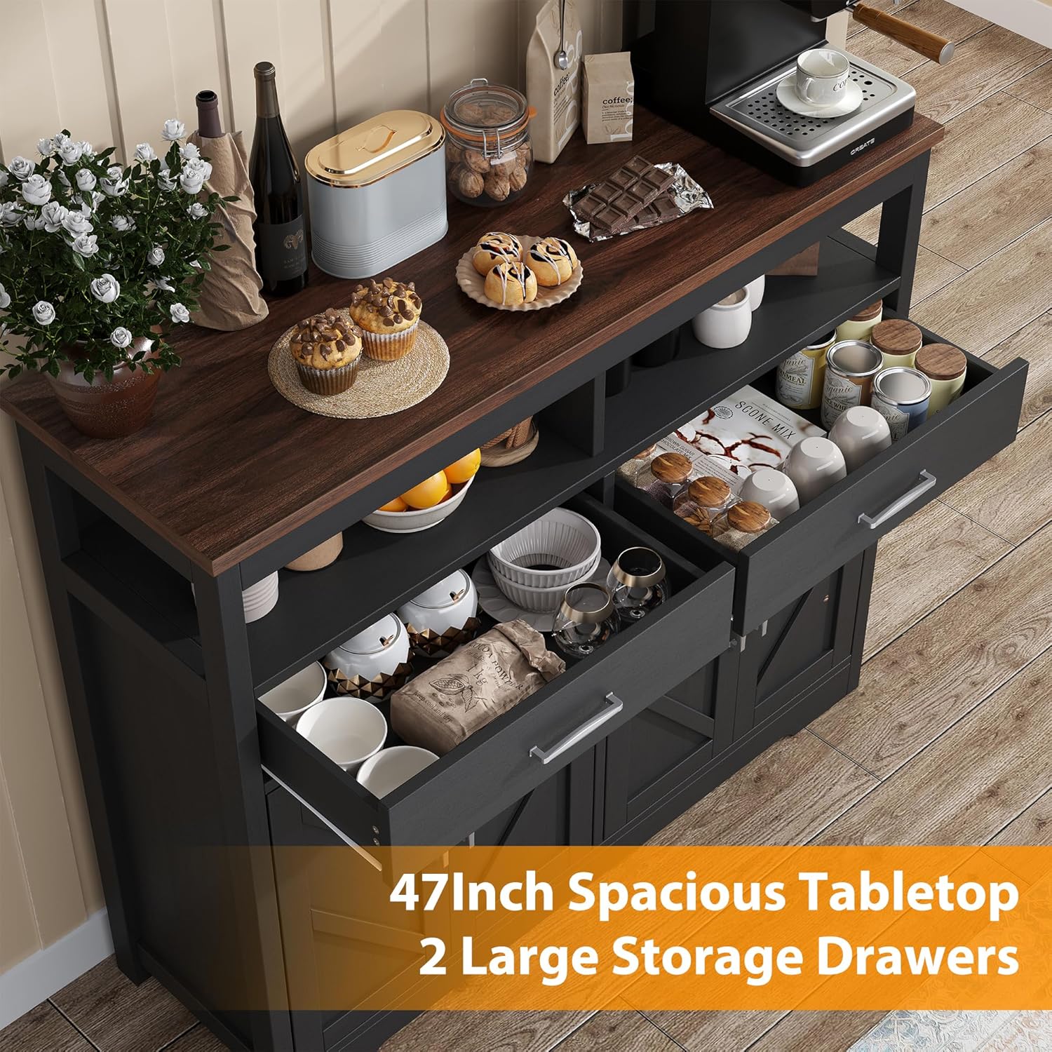 Buffet Sideboard with Storage Farmhouse with 4 Doors, 47'' Large Kitchen Storage Cabinet Wood Coffee Bar Cabinet Buffet Table with Shelves for Kitchen, Dining Room, Entryway