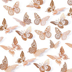 SAOROPEB 3D Butterfly Wall Decor, 48 Pcs 4 Styles 3 Sizes, Removable Metallic Wall Sticker Room Mural Decals for Kids Bedroom Nursery Classroom Party Decoration Wedding Decor DIY Gift (Rose Gold)
