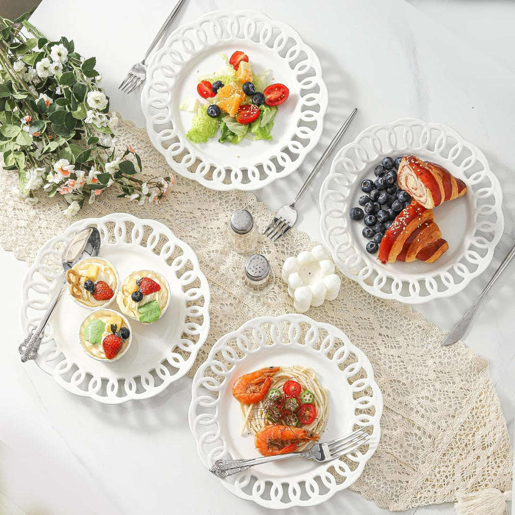 4 Pack 10" Dinner Serving Plates with Lace Rim, New Bone Porcelain Round Tableware Plates with Unique Hollow Out Design Scolloped Edge, White Dishes for Daily Use or as an Excellent Plate Idea