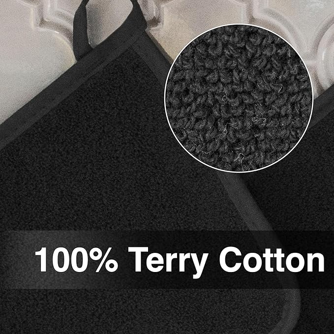 RITZ Terry Potholder & Hot Pad: Unparalleled Heat Resistant, Durable 100% Cotton – Ergonomically Designed for Optimal Grip – Easy-Care Machine Washable – 4-Pack, Black