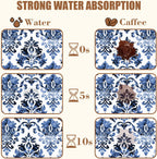 Blue Damask Flower Dish Drying Mat for Kitchen Counter Coffee Bar Mat Hide Stain Absorbent Rubber Backed Drying Rack Pad Espresso Machine Coffee Bar Accessories 15.7 x 23.6 Inch