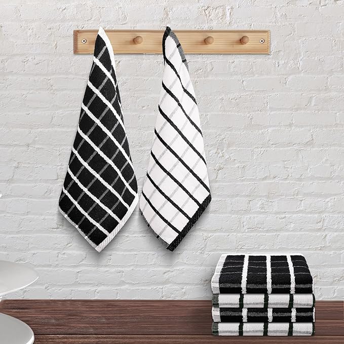 Urban Villa Dish Cloths Terry Cotton Pack of 6, Highly Absorbent Quick Drying Super Soft Premium Dish Towels for Kitchen with Hanging Loop Hand & Tea Towels - 12x12 Inch, (Black & White, Checks)