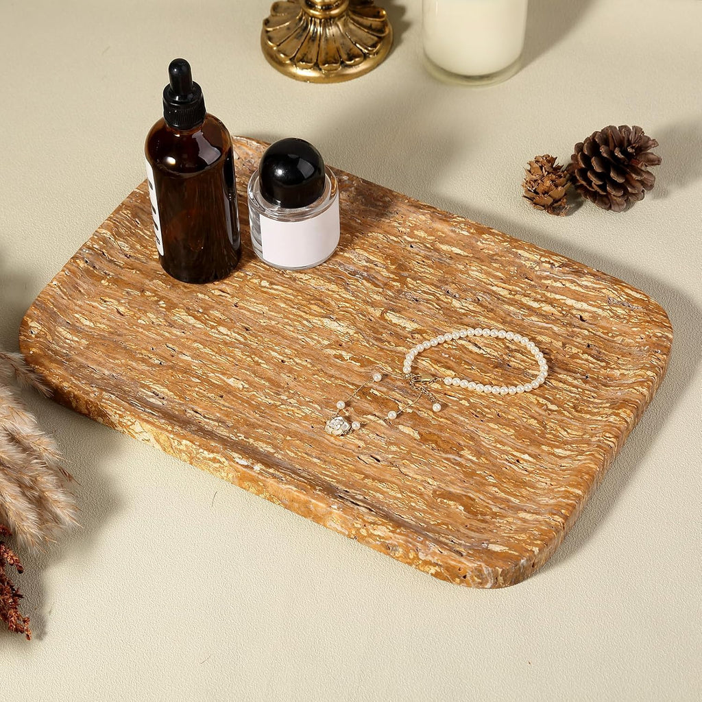 Natural Marble Vanity Tray, 11.8" Travertine/Stone Bathroom Tray Countertop, Golden Stone for Perfume Jewelry Holder, Decorative Dresser Organizer, Storage for Kitchen Sink(Walnut Traver)