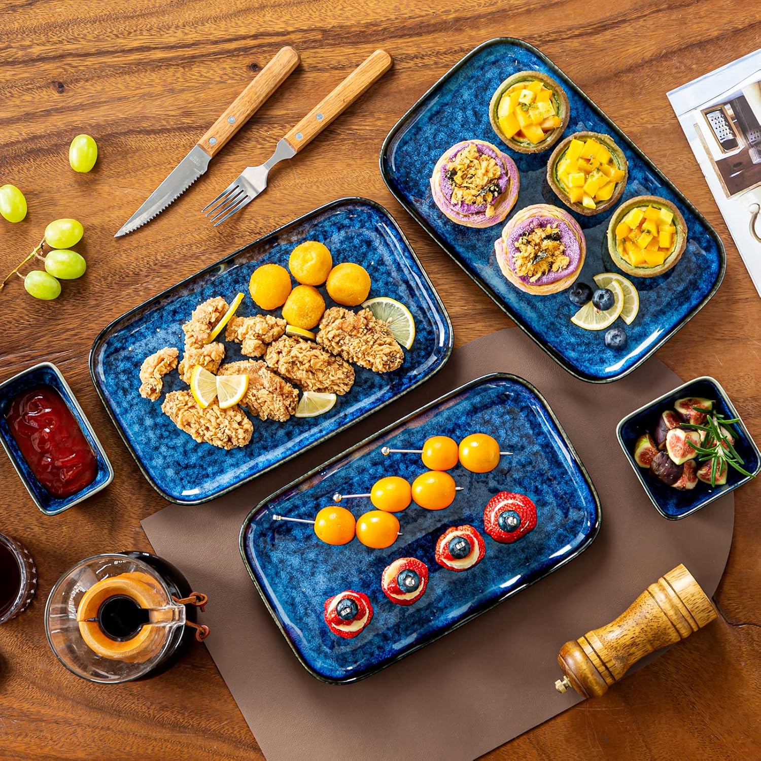 vancasso Stern Serving Platters Set of 4, 11 Inches Rectangular Ceramic Serving Plates, Blue Serving Trays for Entertaining