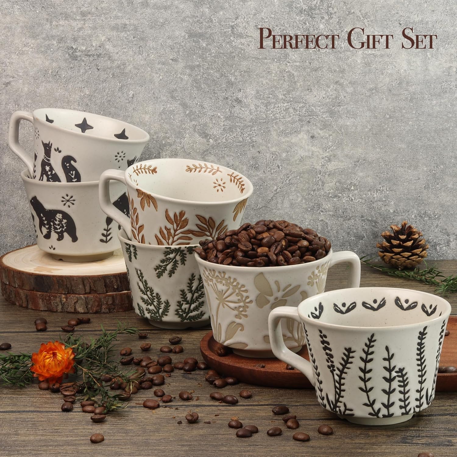 Ceramic Coffee Mug, 12 oz Novelty Unique Teacup with Large Handle, Stoneware Cup for Tea Mocha Latte Cappuccino Espresso (Set of 2, Ivy and Leaf)