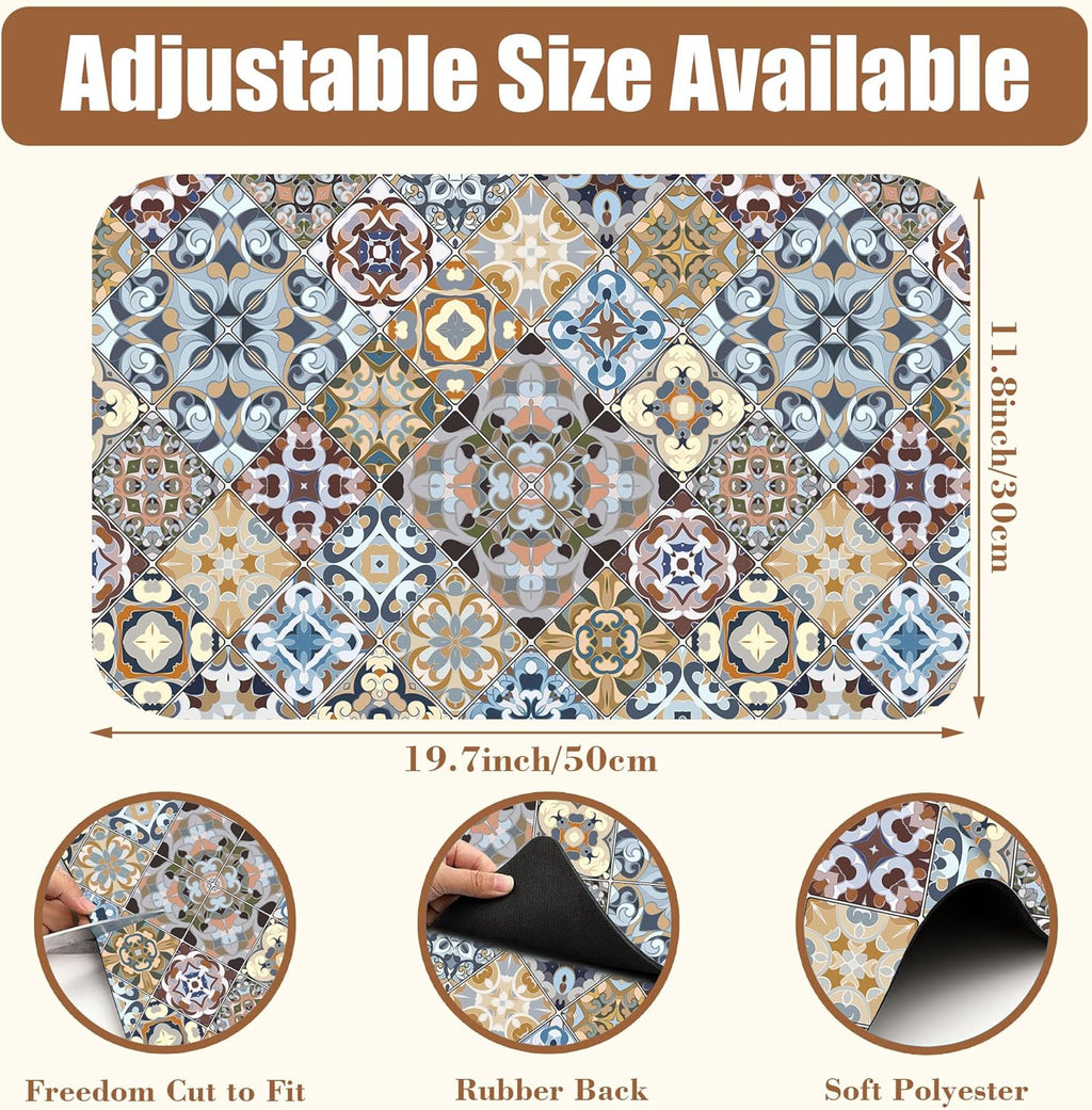 Retro Colorful Tiles Dish Drying Mat for Kitchen Counter Floral Coffee Mat Hide Stain Absorbent Drying Rack Pad with Rubber Backed Espresso Machine Coffee Bar Accessories 11.8 x 19.7 Inch