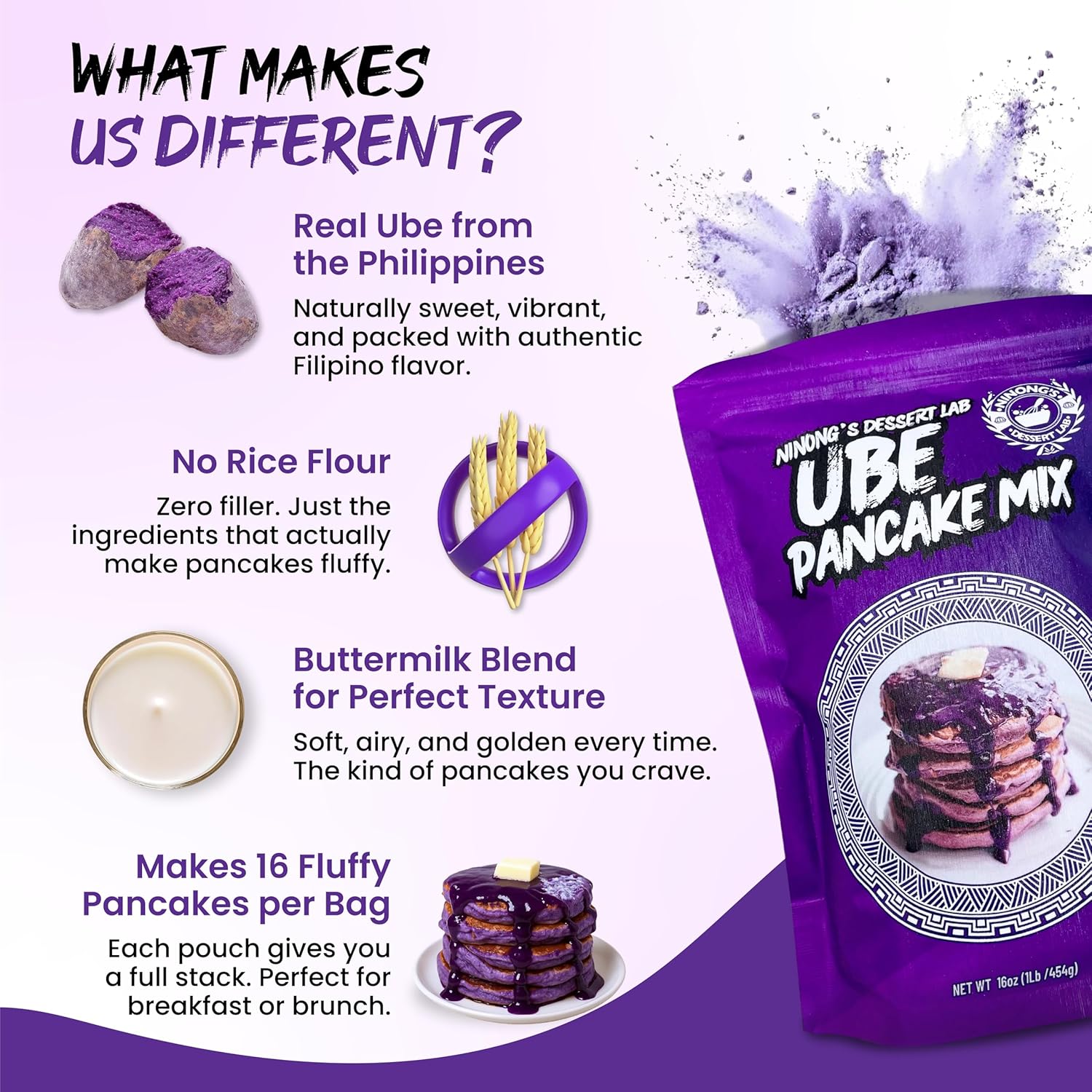 Ninong's Dessert Lab Ube Pancake Mix, Ube Flavored Buttermilk Pancake Mix with Real Ube, Makes Ube Cakes, Waffles, Crepes and more, Just Add Water (1 Pound)