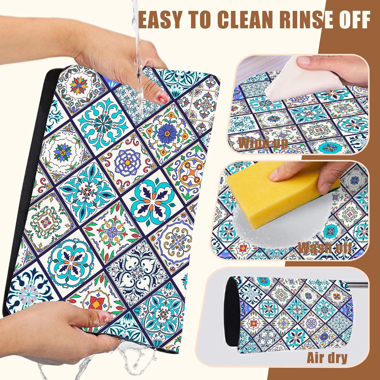 Colorful Tiles Dish Drying Mat for Kitchen Counter Coffee Mat Hide Stain Absorbent Non-Slip Rubber Backed Drying Rack Pad Espresso Machine Coffee Bar Accessories 11.8 x 19.7 Inch