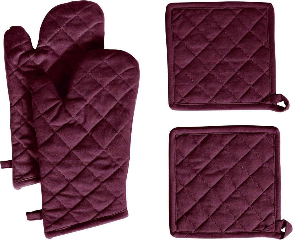 Native Fab 4 Piece Set - 2 Oven Mitts & 2 Potholders, Heat Resistant, 100% Cotton, Quilted Design, Non-Slip Grip, Machine Washable, Ideal for Baking, Cooking, BBQ, Kitchen Protection - Burgundy Wine