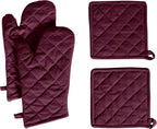Native Fab 4 Piece Set - 2 Oven Mitts & 2 Potholders, Heat Resistant, 100% Cotton, Quilted Design, Non-Slip Grip, Machine Washable, Ideal for Baking, Cooking, BBQ, Kitchen Protection - Burgundy Wine