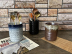 Stoneware Coffee Bar Utensil Holder Tea & Coffee Spoon & Stirrer Holder for Stir Stick Straw Teaspoon Holder Spoon Cup Small Utensil Jar (Retro Rustic Brown)