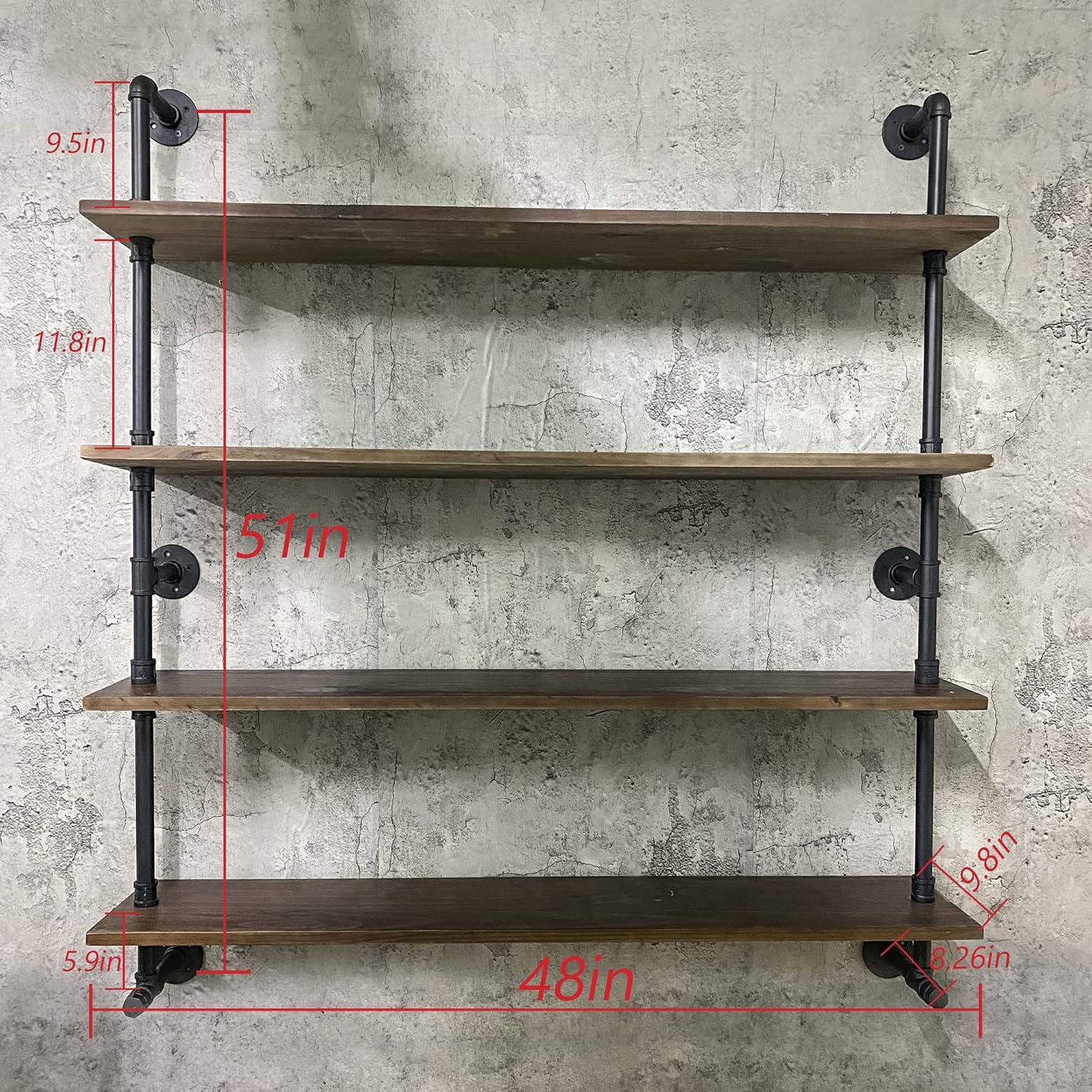Industrial Pipe Wall Shelves Pipe Shelving with Real Wood Plank,48 Inches Floating Shelves for Wall Farmhouse Pipe Book Shelves Dark Brown 4 Tier for Kitchen,Living Room Decor and Bar Shelving