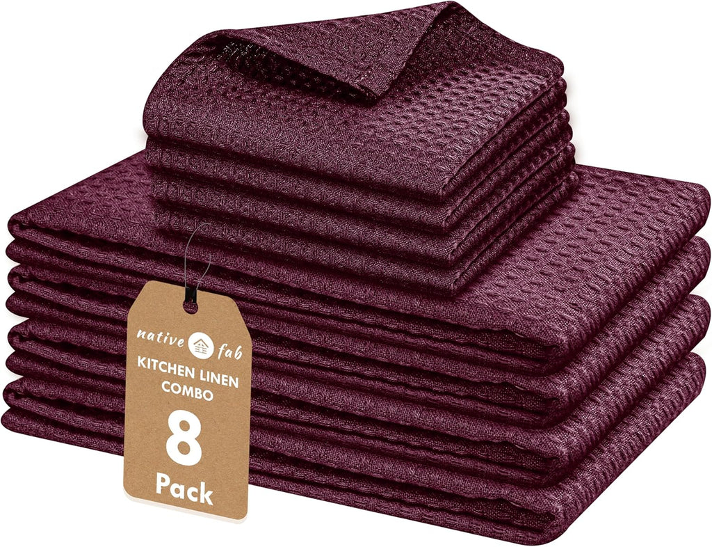Native Fab Kitchen Towels & Dish Cloth Set, 100% Cotton, 8 Piece, Absorbent, Durable, Washable, Quick Drying Towel for Cleaning, Cooking, Baking - Ideal for Home, Bars & Everyday Use - Burgundy Wine
