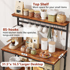 Furologee Kitchen Bakers Rack with Hutch,Coffee Stand with Storage 4 Tiers,Coffee Bar Station with a 31.5 Inch Larger Desktop and 8 S Hooks,Kitchen Microwave Rack for Spices,Pots,Rustic Brown