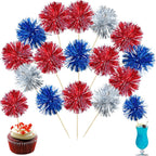 Ephlyn 30Pcs Foil Firework Cupcake Toppers Sparkle Tinsel Cupcake Picks Happy Birthday Cake Toppers Drink Cocktail Food Fruit Toothpicks for Baby Shower Birthday Party Supplies Red Silver Dark Blue