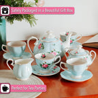 BTaT- Floral Tea Sets for Adults, 13 pcs, Service for 4, Pot (38 oz) & Cups (8 oz) with Saucers, Pastel Blue Floral Design, Porcelain Tea Set for Adult, Dishwasher Safe