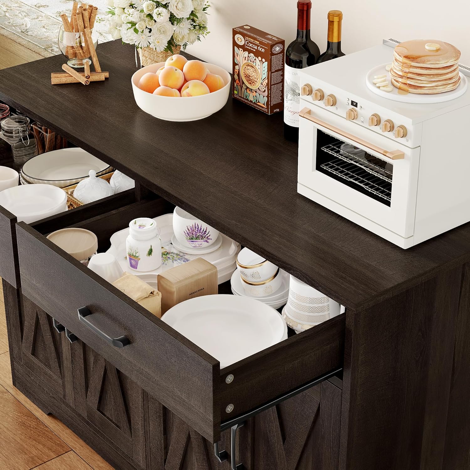 HOSTACK Buffet Cabinet with Storage, 47.2" Kitchen Sideboard Buffet with Drawers, Modern Farmhouse Coffee Bar Station with Shelves, Barn Doors Storage Cabinet for Living Room, Dark Brown