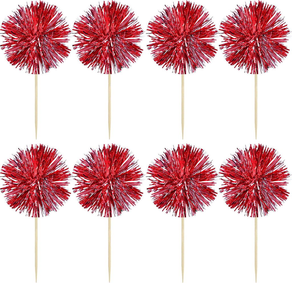 Gyufise 30Pcs Foil Firework Cupcake Toppers Sparkle Tinsel Cake Toppers Tinsel Drink Cake Decoration Cocktail Picks for Birthday Wedding Graduation Party Supplies Dark Red