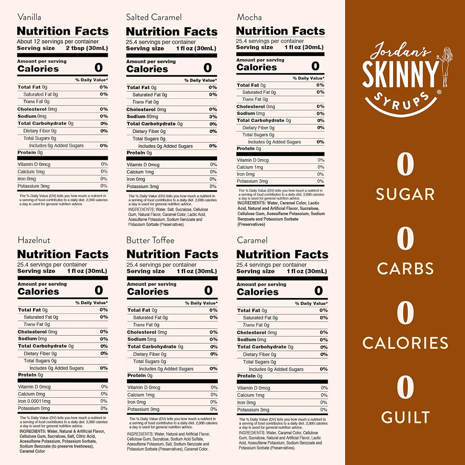Jordan's Skinny Syrups Sugar Free Coffee Syrup, Vanilla, Salted Caramel, Hazelnut, Mocha, Butter Toffee, and Caramel Syrups, Zero Calorie Flavoring, 25.4 Fl Oz (Pack of 6), Sampler Variety Pack