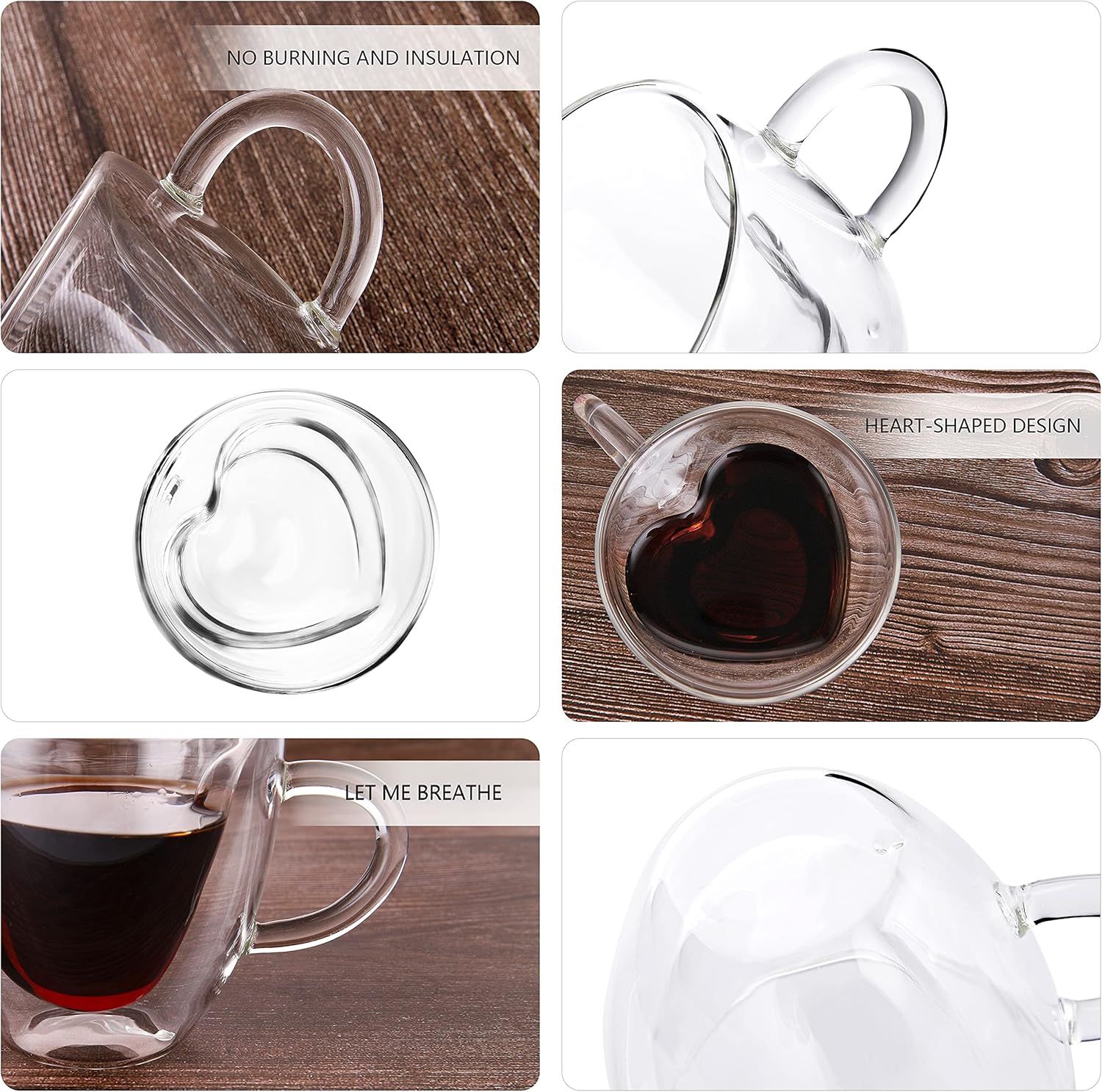 CNGLASS Mothers Day Gifts for Mom,Double Wall Heart Shaped Glass Coffee Mugs 5oz(Set of 2),Insulated Clear Tea Cups with Handle,Unique Glass Espresso Mugs for Coffee,Cappuccino,Latte,Milk