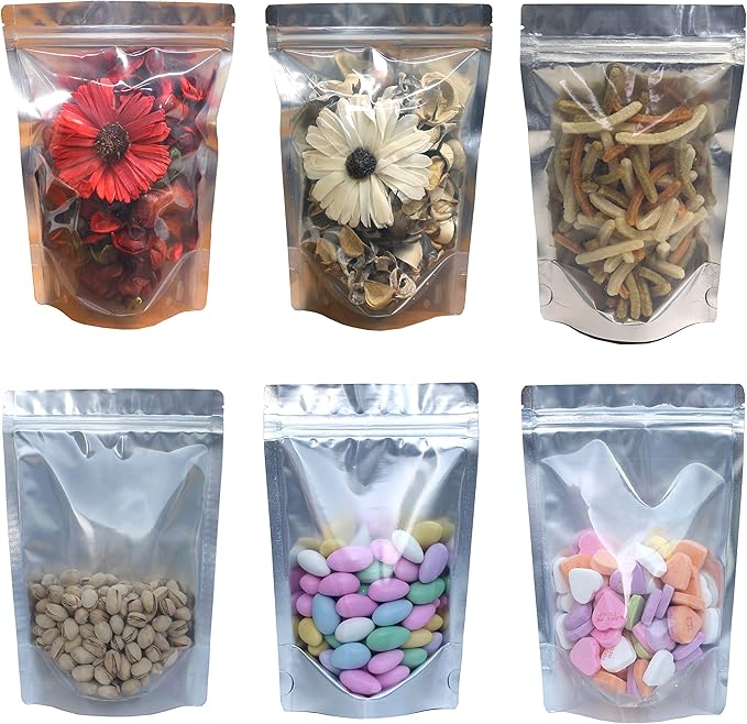 AwePackage 100 Pack of 7"x10" Airtight Zipper Stand Up Pouch Bag - Clear Front Aluminum Foil Back Heat Sealable Zip Lock