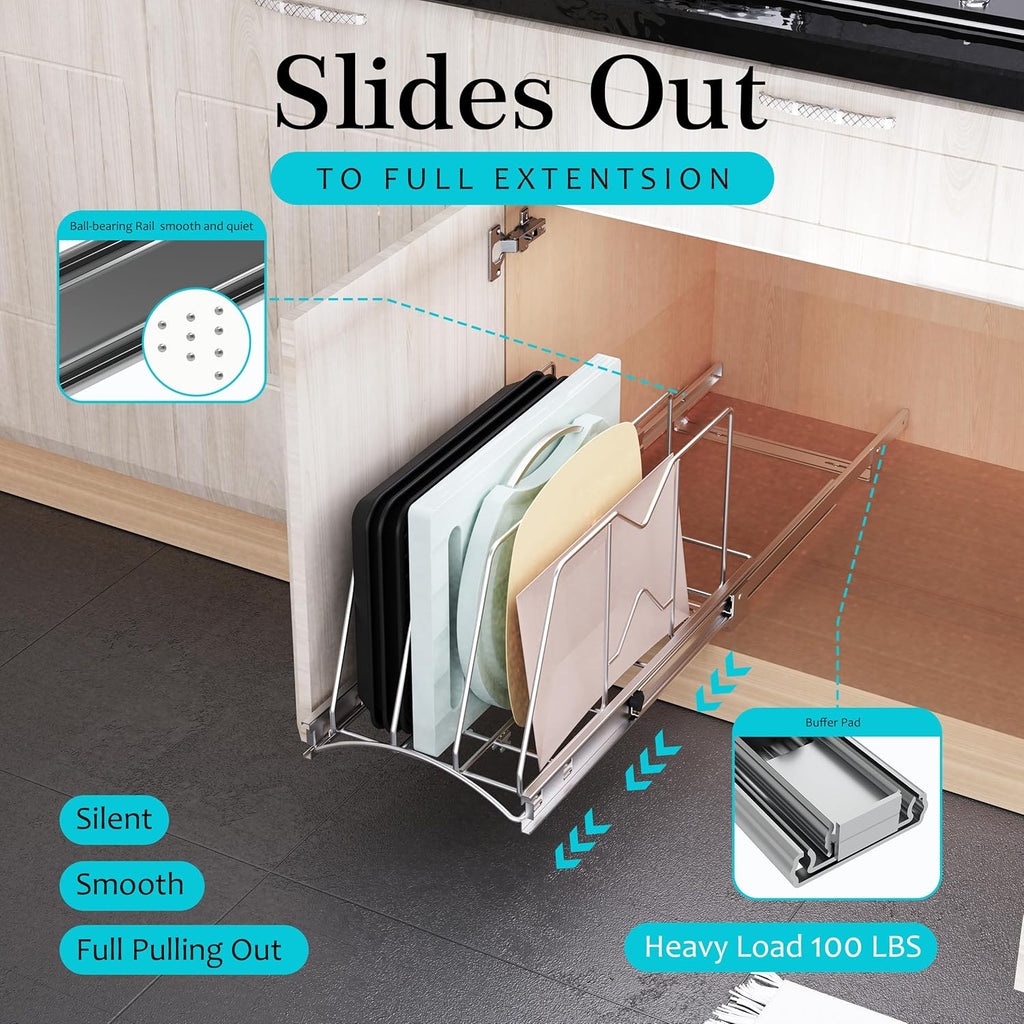 Pull Out Cookie Sheet Organizer for Cabinet, Pan and Pot, Cutting Board, Bakeware, Tray Organizer Rack, Sliding Rack- Heavy Duty, Adjustable Divider Width, 10" W x 22" D x 11" H, Chrome