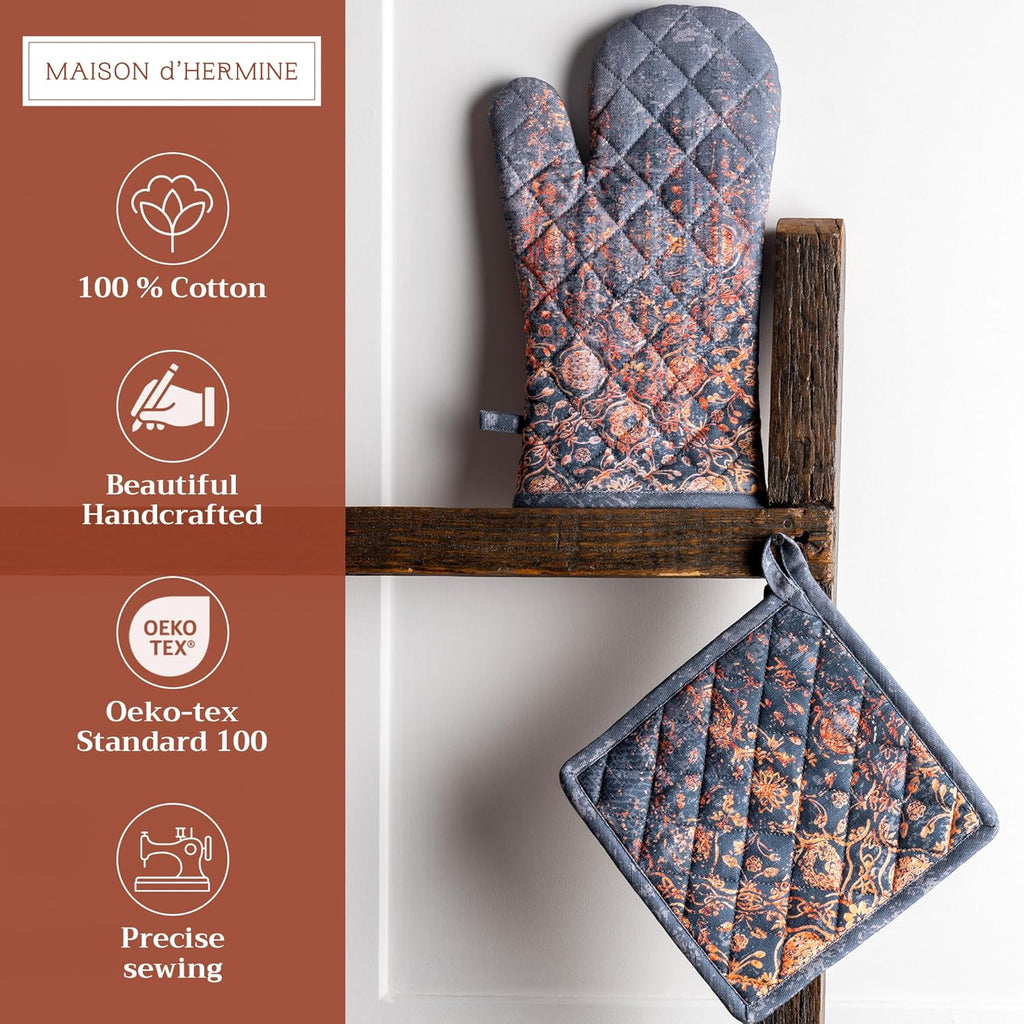 Maison d' Hermine 100% Cotton Oven Mitt & Pot Holder Set (7.5"x13" & 8"x8") Heat Resistant BBQ Cooking Gloves with Loop, Baking, Grilling, Kitchen, Handling Hot Pans (Imperfection)