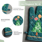 Maison d' Hermine 100% Cotton Oven Mitt & Pot Holder Set (7.5"x13" & 8"x8") Heat Resistant BBQ Cooking Gloves with Loop, Baking, Grilling, Kitchen, Handling Hot Pans (Hygge Christmas)