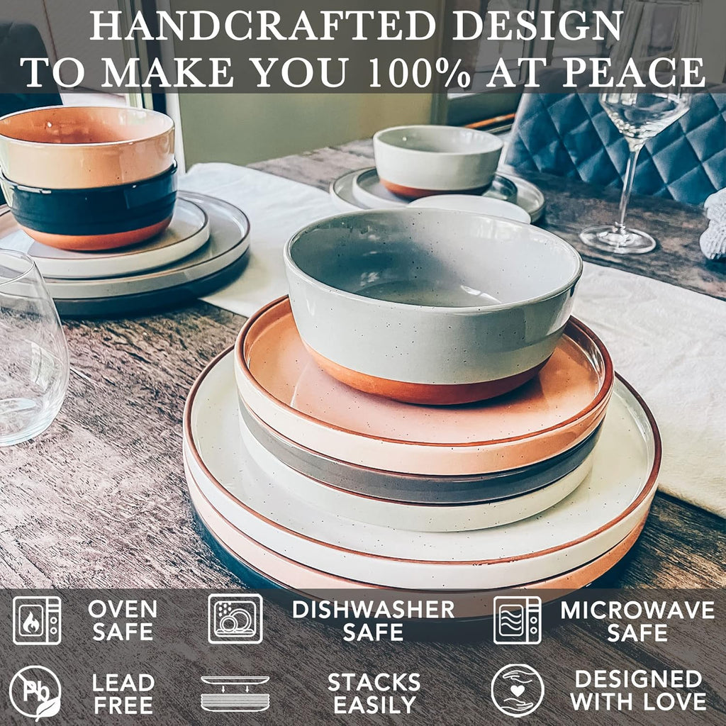 Mora Ceramic Flat Dinner Plates Set of 6, 10.5 in High Edge Dish Set - Microwave, Oven, and Dishwasher Safe, Scratch Resistant, Modern Dinnerware- Kitchen Porcelain Serving Dishes - Assorted Neutrals