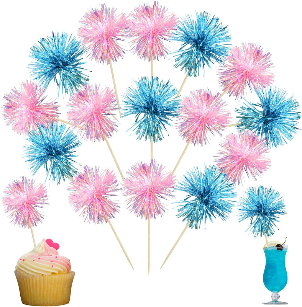 Ephlyn 30Pcs Foil Firework Cupcake Toppers Sparkle Tinsel Cupcake Picks Happy Birthday Cake Decorations Drink Stirrers Cocktail Food Toothpicks for Baby Shower Graduation Party Supplies Blue Pink