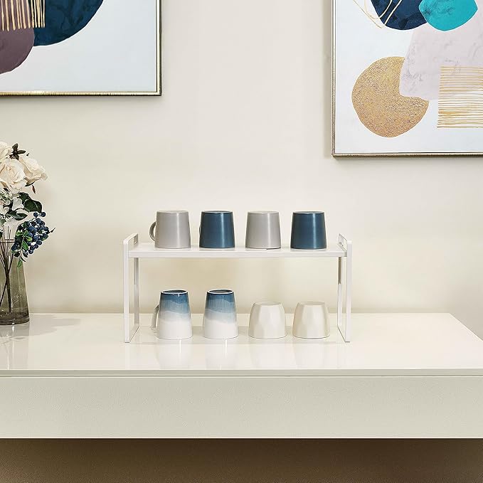 Nxconsu Cabinet Shelf Expandable Height Adjustable Shelf Organizer Riser for Kitchen Cabinet Pantry Cupboard Under Sink Countertop Organization Storage Space Saver Stackable Heavy Duty Metal White XL