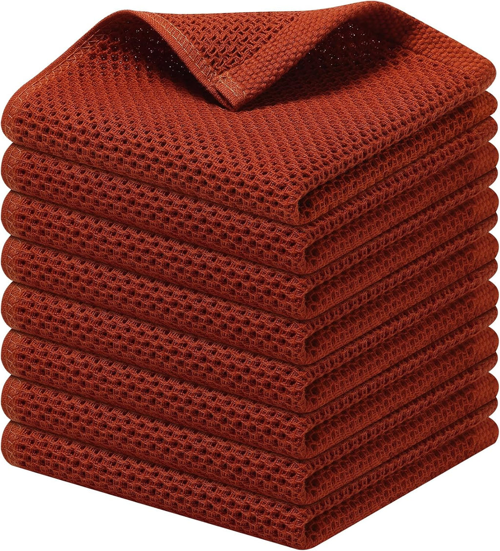 Kitinjoy 100% Cotton Kitchen Dish Cloths, 8 Pack Waffle Weave Ultra Soft Absorbent Dish Towels for Drying Dishes Quick Drying Kitchen Towels Dish Rags, 12 X 12 Inches, Rust