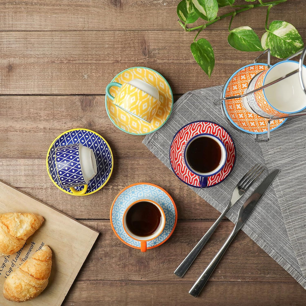 Selamica Ceramic Espresso Cups with Saucers, 2.5 OZ Stackable Demitasse Cups with Metal Stand, Mini Espresso Mugs for Latte Coffee Café Mocha Tea, Set of 6, Assorted Colors