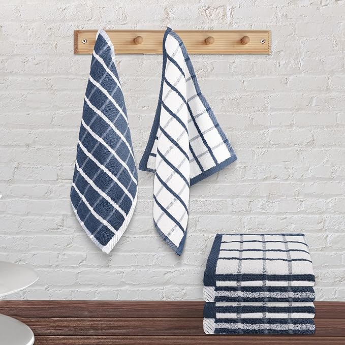 Urban Villa Dish Cloths Terry Cotton Pack of 6, Highly Absorbent Quick Drying Super Soft Premium Dish Towels for Kitchen with Hanging Loop Hand & Tea Towels - 12x12 Inch, (Blue & White, Checks)