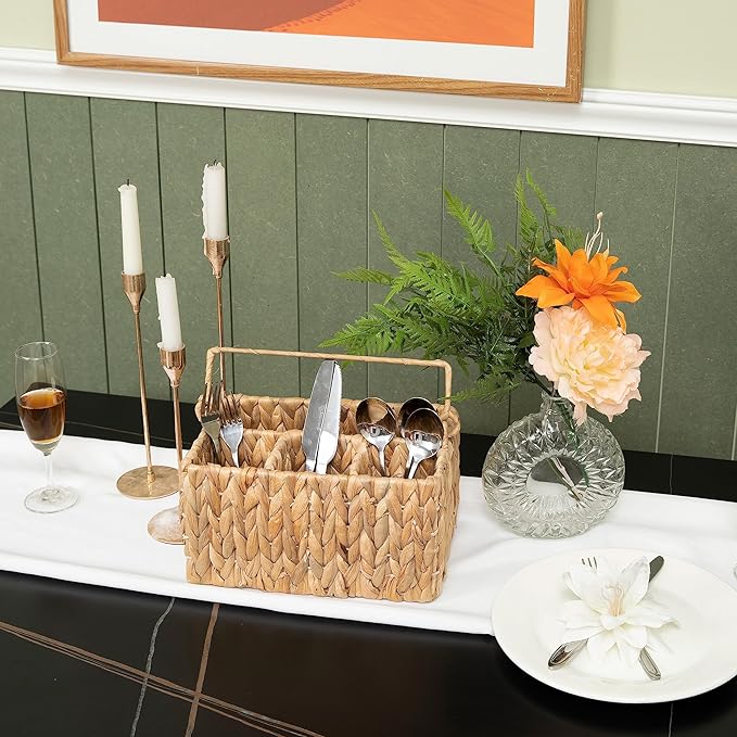KOLWOVEN Wicker Utensil Caddy Carrier, Wicker Flatware Organizer, Hand Woven Water Hyacinth Cutlery Holder for Countertop with Handle