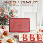 HONGBAKE 3 Pack Nonstick Ceramic Baking Sheet Pan Set for Oven, Non-Toxic Half/Quarter/Jelly Roll Pans with Diamond Texture, 0.8mm Aluminized Steel Cookie Trays for Cooking, Christmas Red & Cream